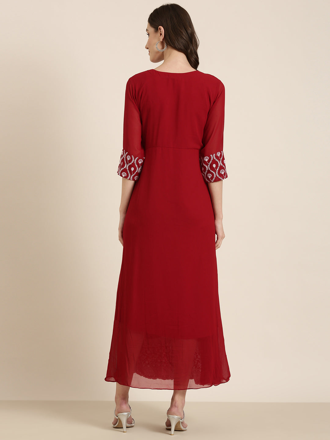 Women Maroon Embellished Fit and Flare Kurta