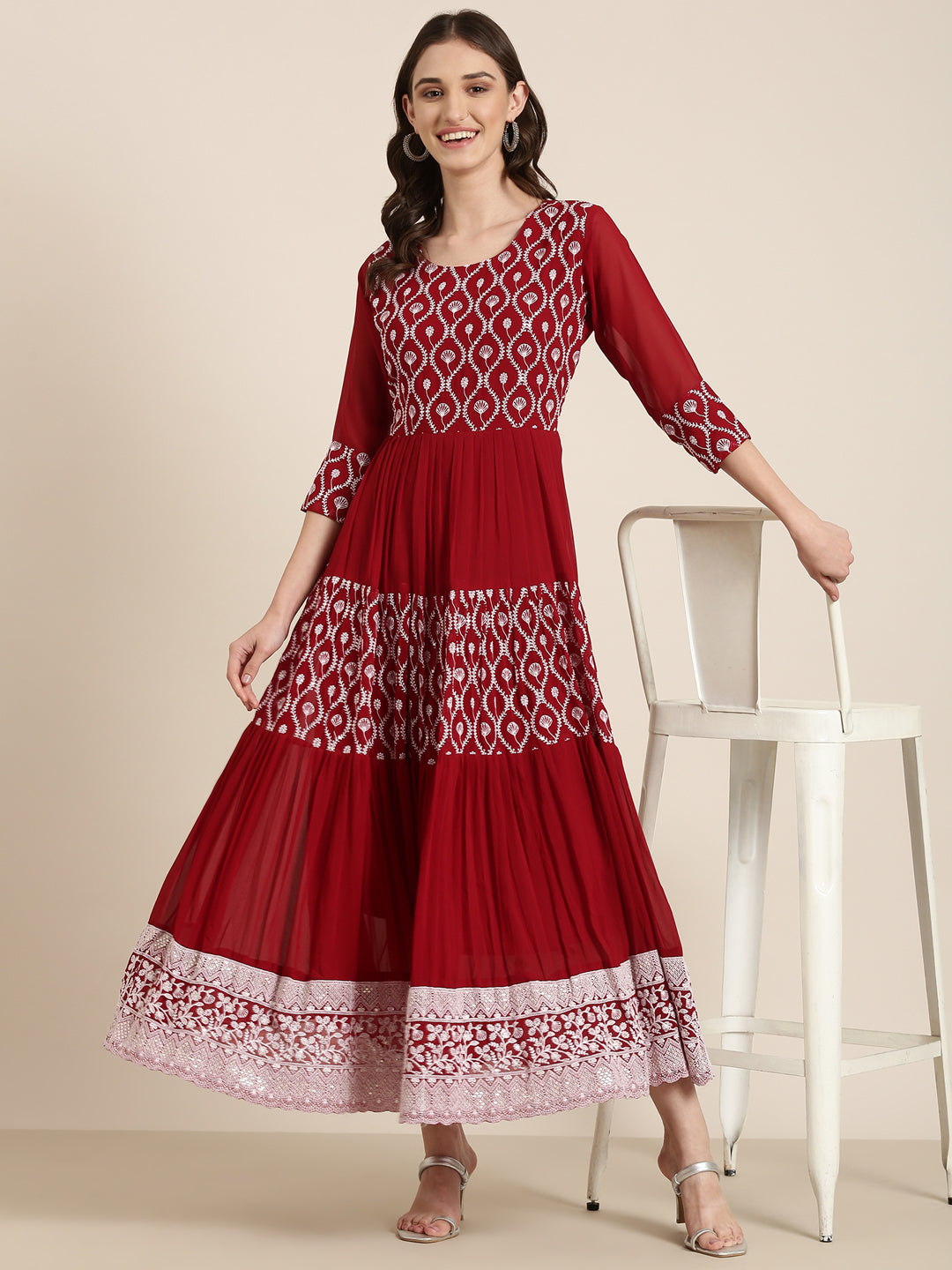 Women Maroon Embellished Fit and Flare Kurta