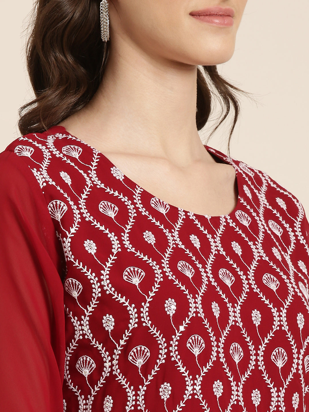 Women Maroon Embellished Fit and Flare Kurta