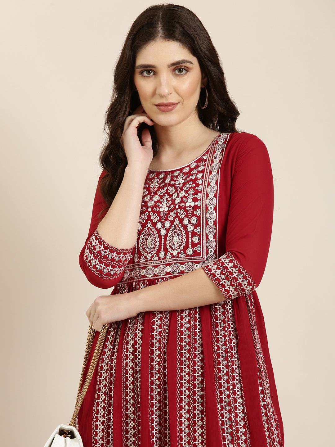 Women Maroon Embellished Anarkali Kurta