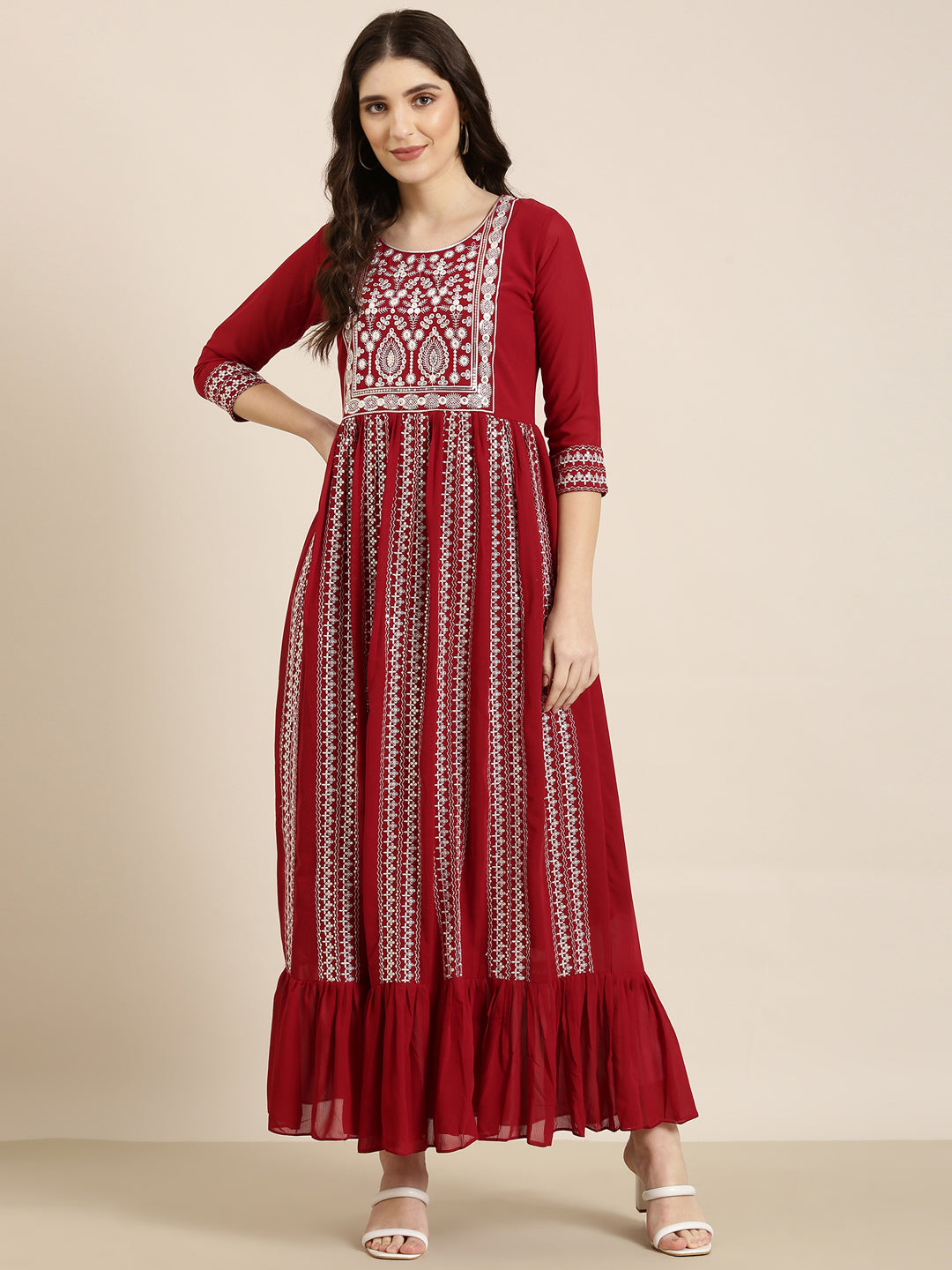 Women Maroon Embellished Anarkali Kurta