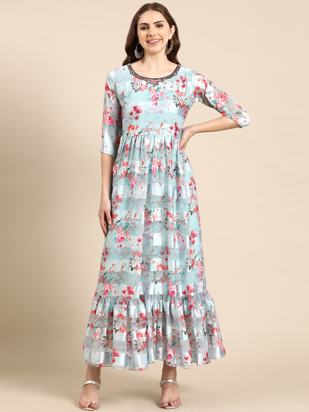 Women's Sea Green Printed Maxi Kurta