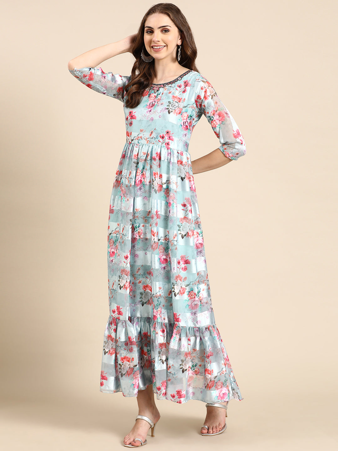 Women's Sea Green Printed Maxi Kurta