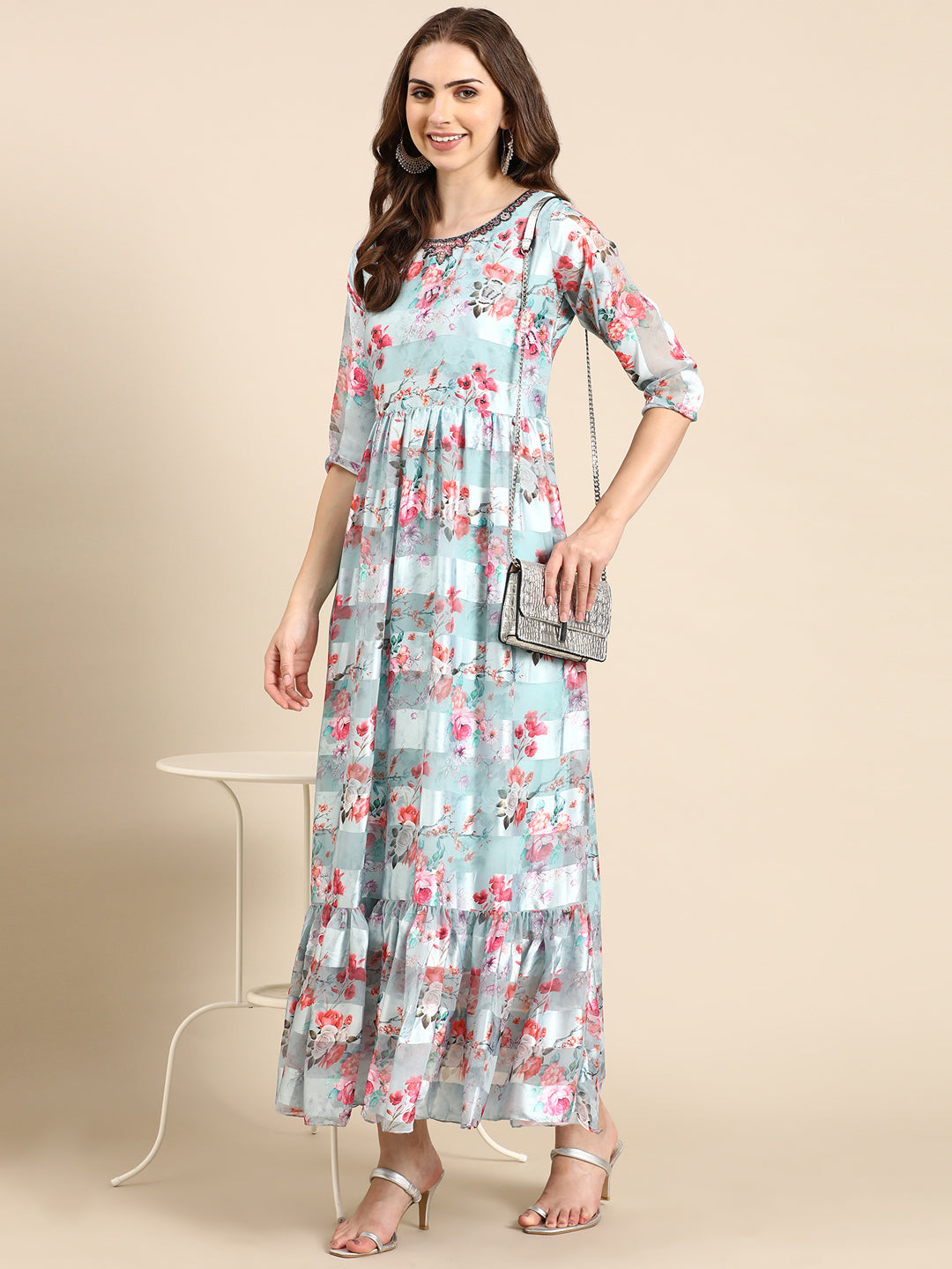 Women's Sea Green Printed Maxi Kurta