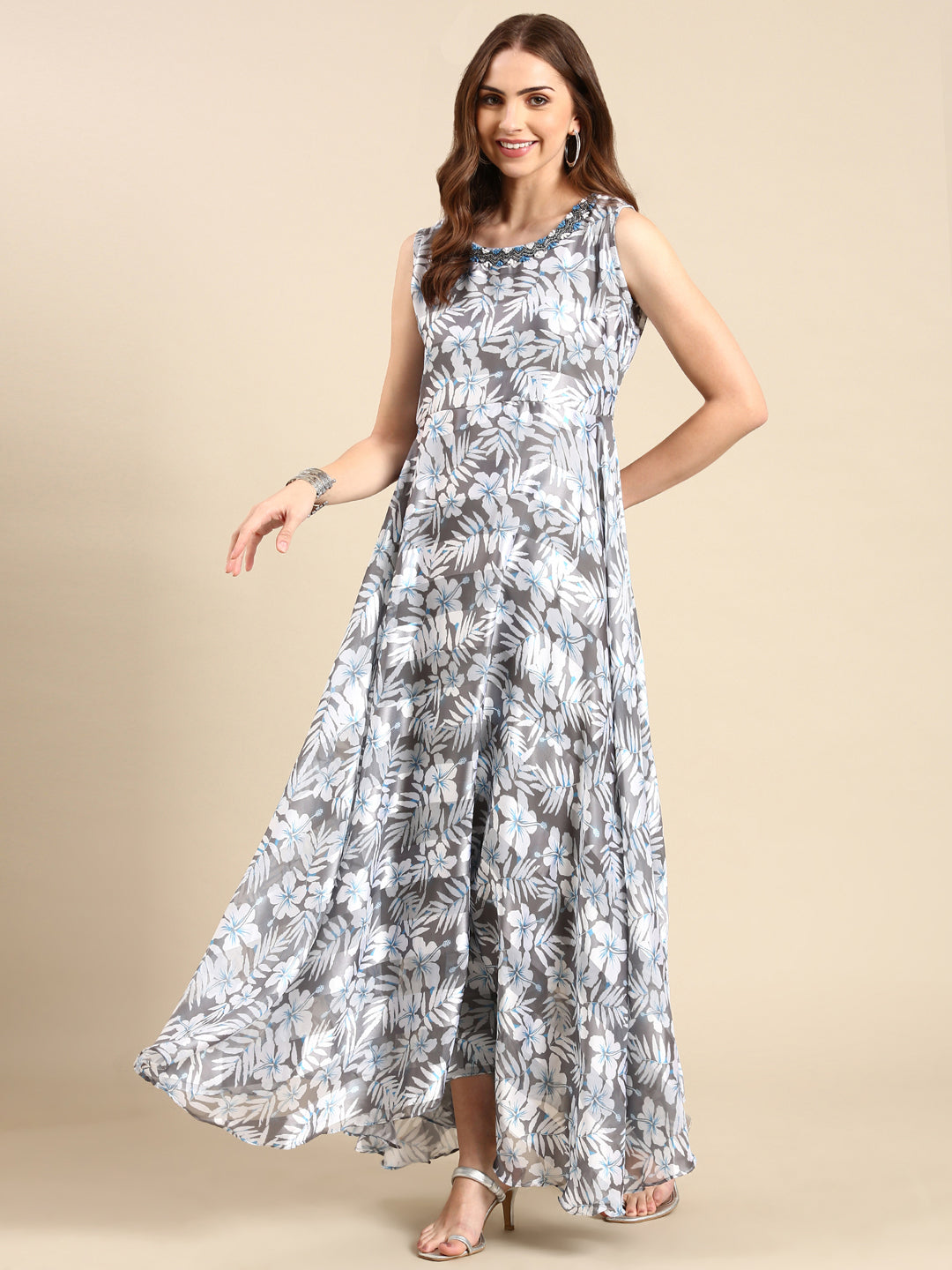 Women's Grey Printed Maxi Kurta