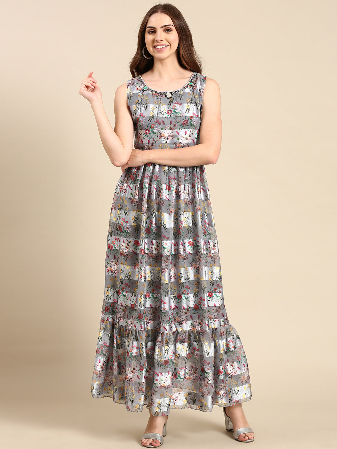 Women's Grey Printed Maxi Kurta