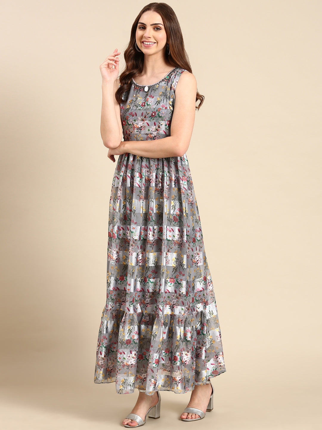 Women's Grey Printed Maxi Kurta