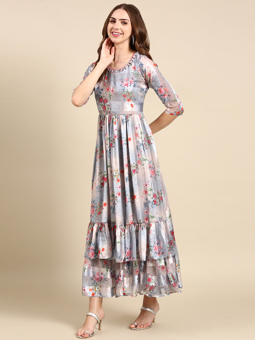 Women's Grey Printed Maxi Kurta