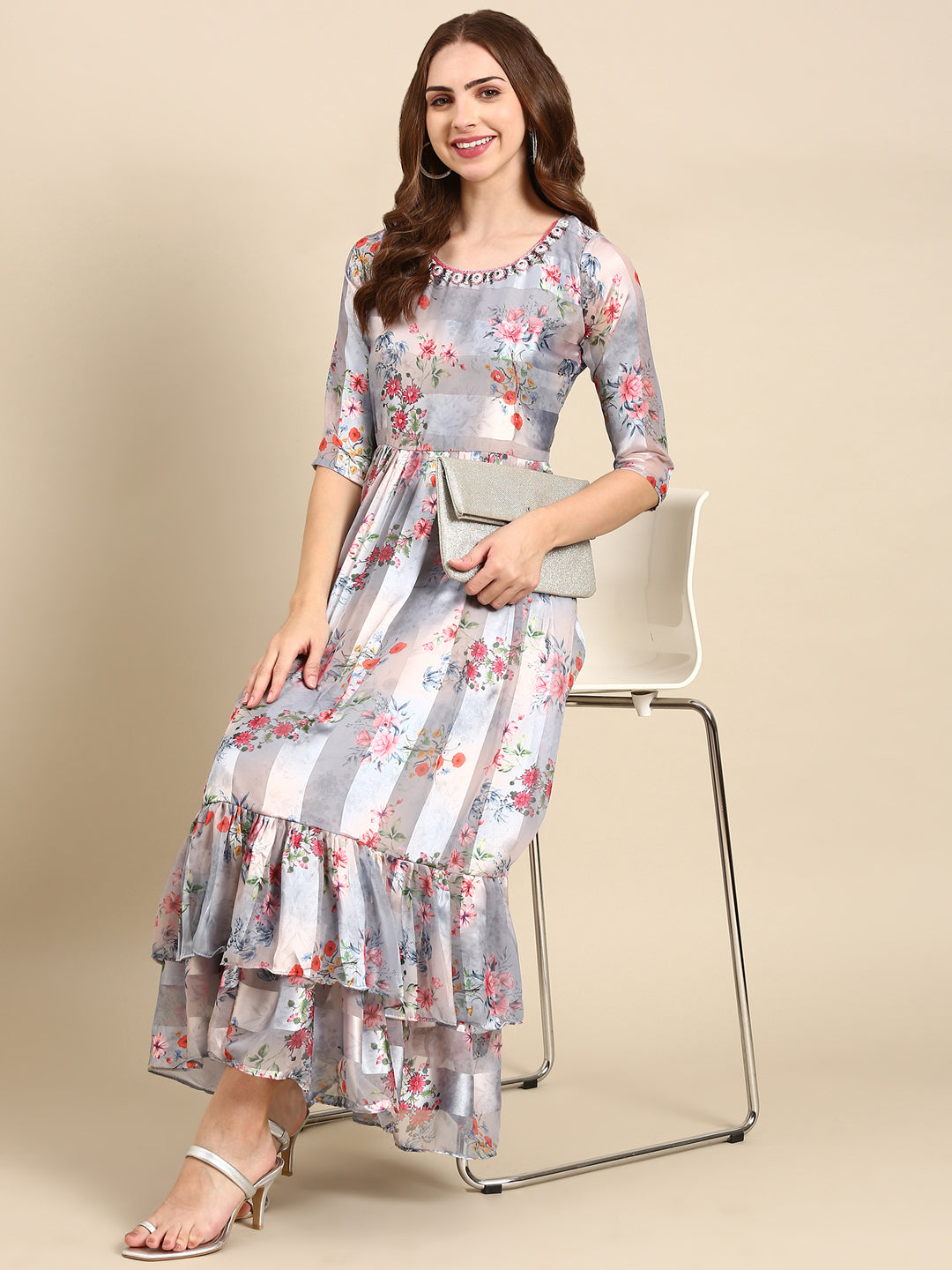 Women's Grey Printed Maxi Kurta