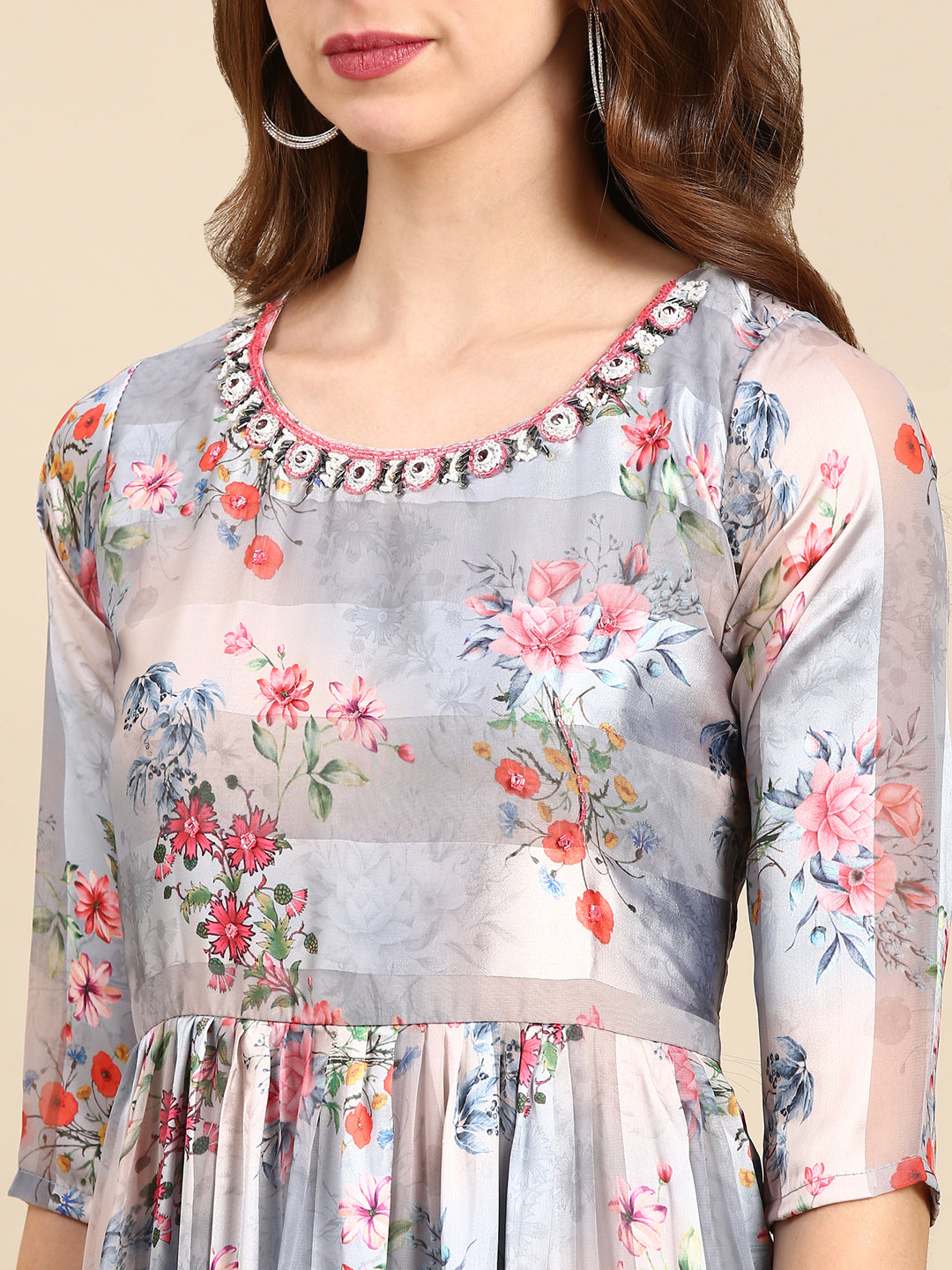 Women's Grey Printed Maxi Kurta