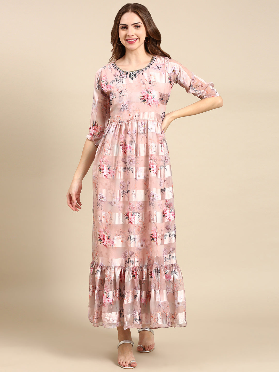 Women's Peach Printed Maxi Kurta