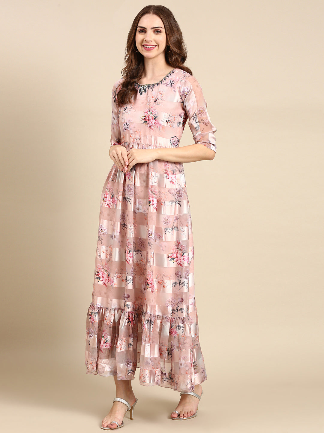 Women's Peach Printed Maxi Kurta