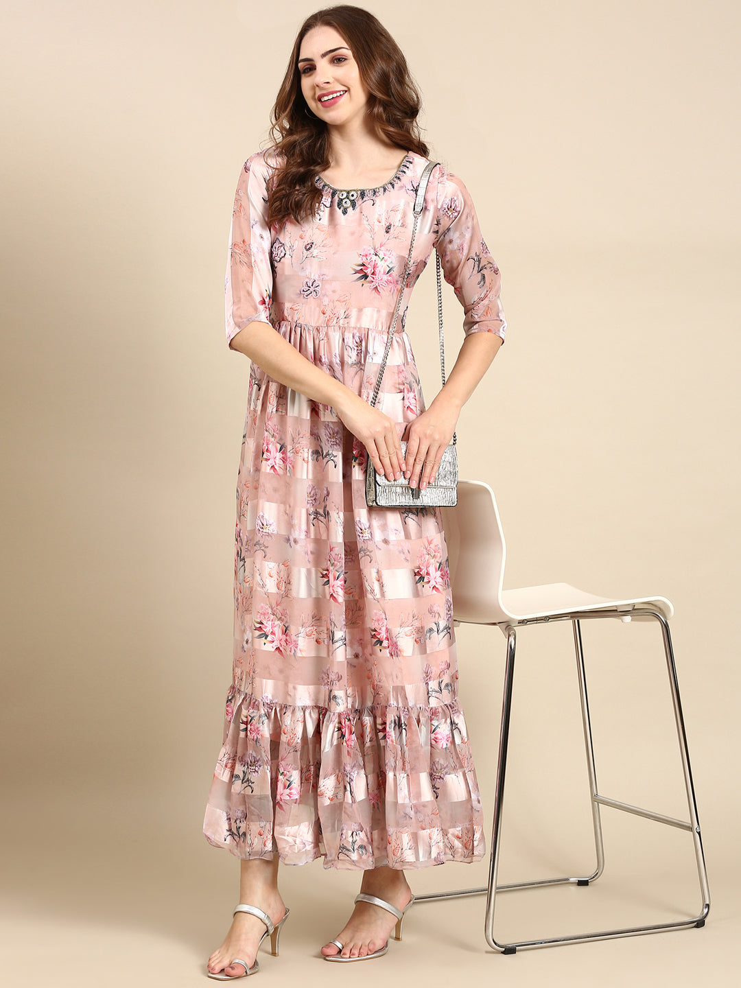 Women's Peach Printed Maxi Kurta