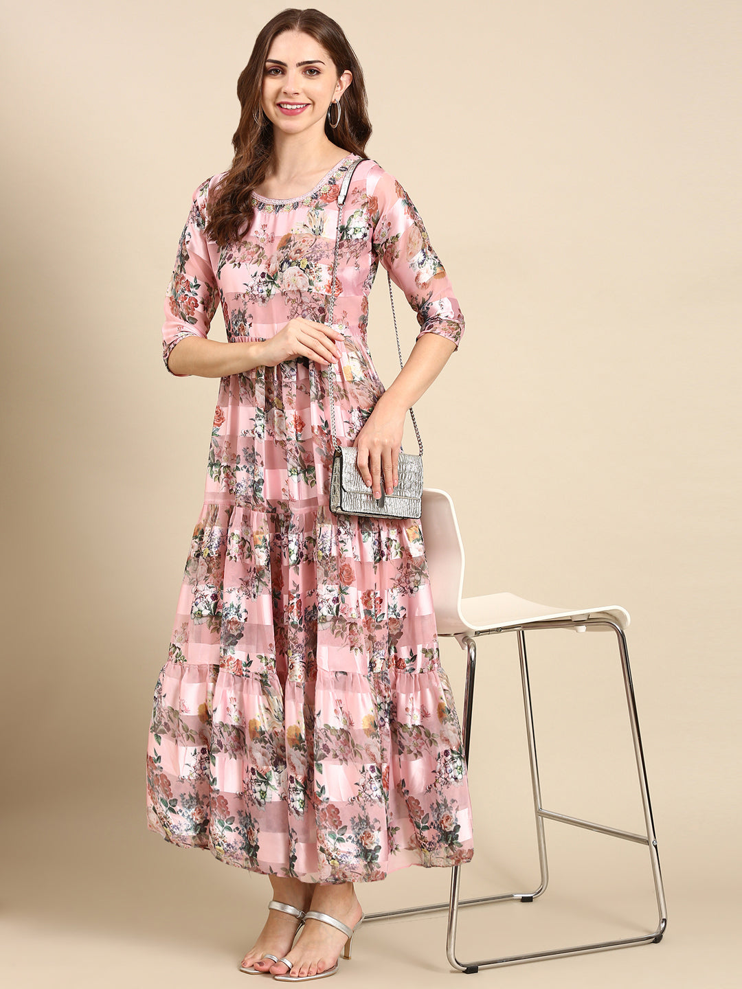 Women's Pink Printed Maxi Kurta