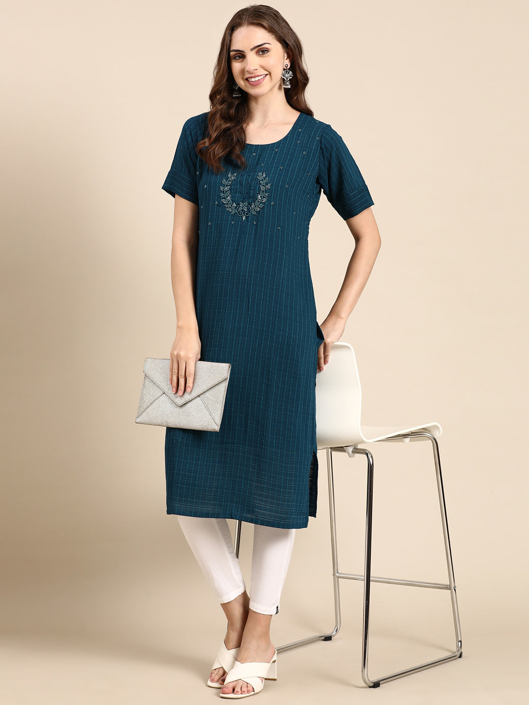 Women's Teal Embellished Straight Kurta