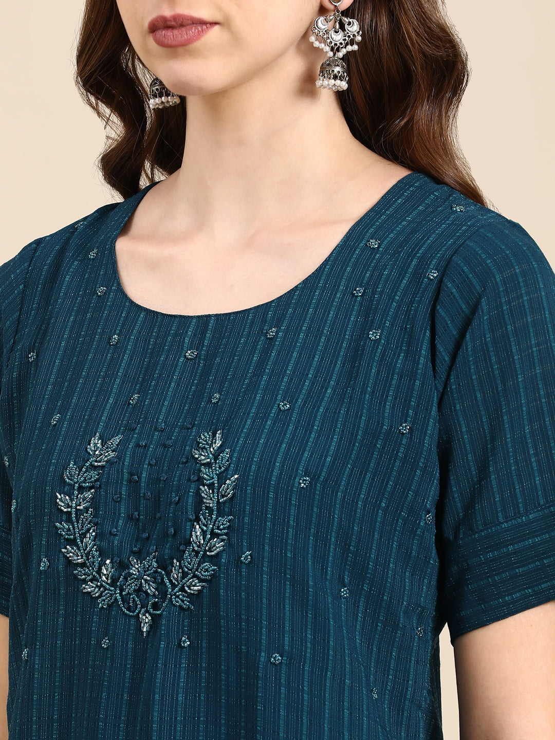 Women's Teal Embellished Straight Kurta