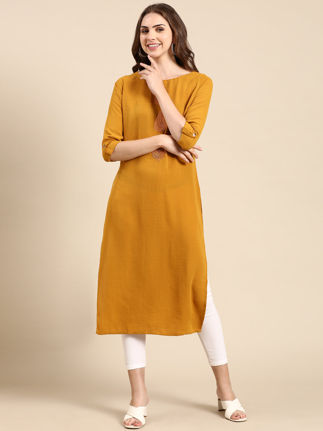 Women's Mustard Solid Straight Kurta
