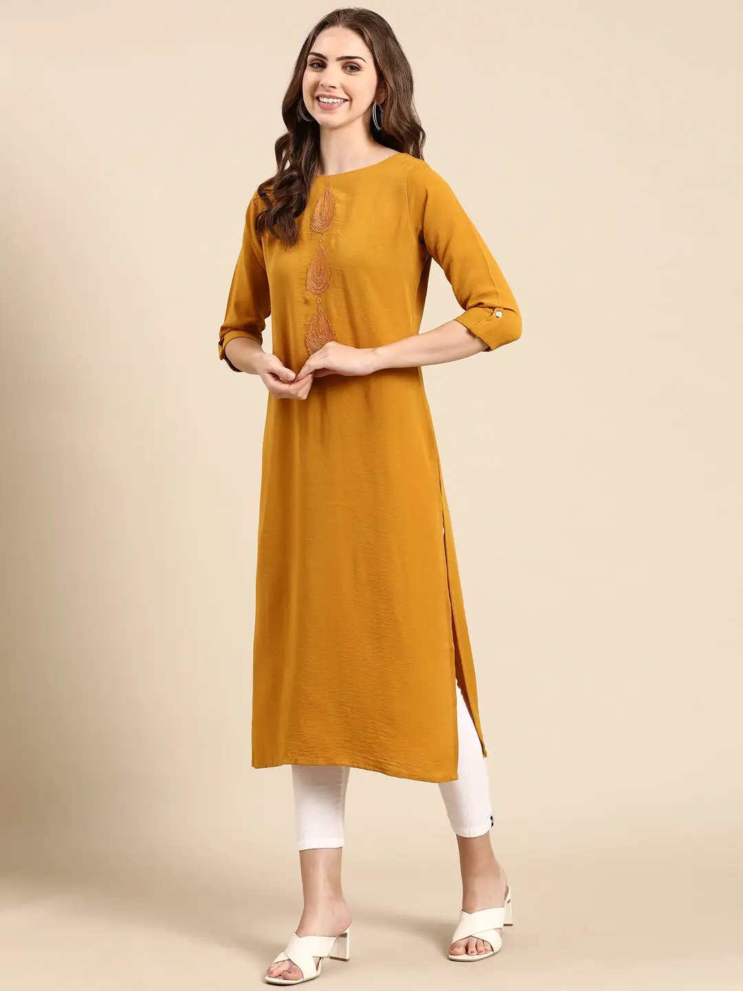Women's Mustard Solid Straight Kurta
