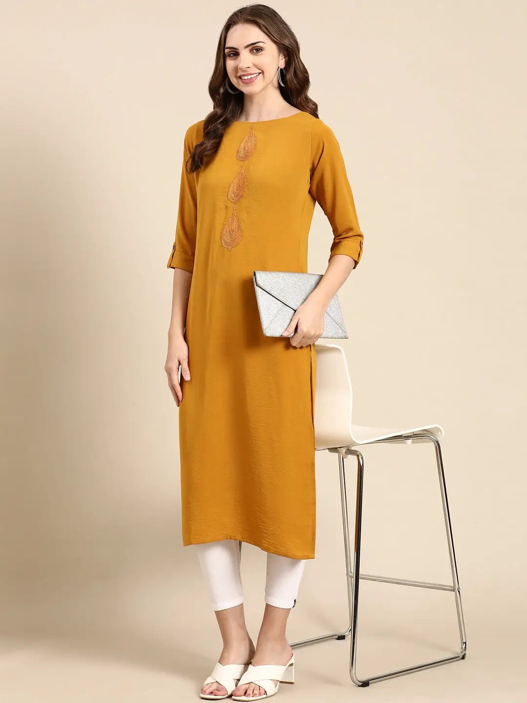 Women's Mustard Solid Straight Kurta