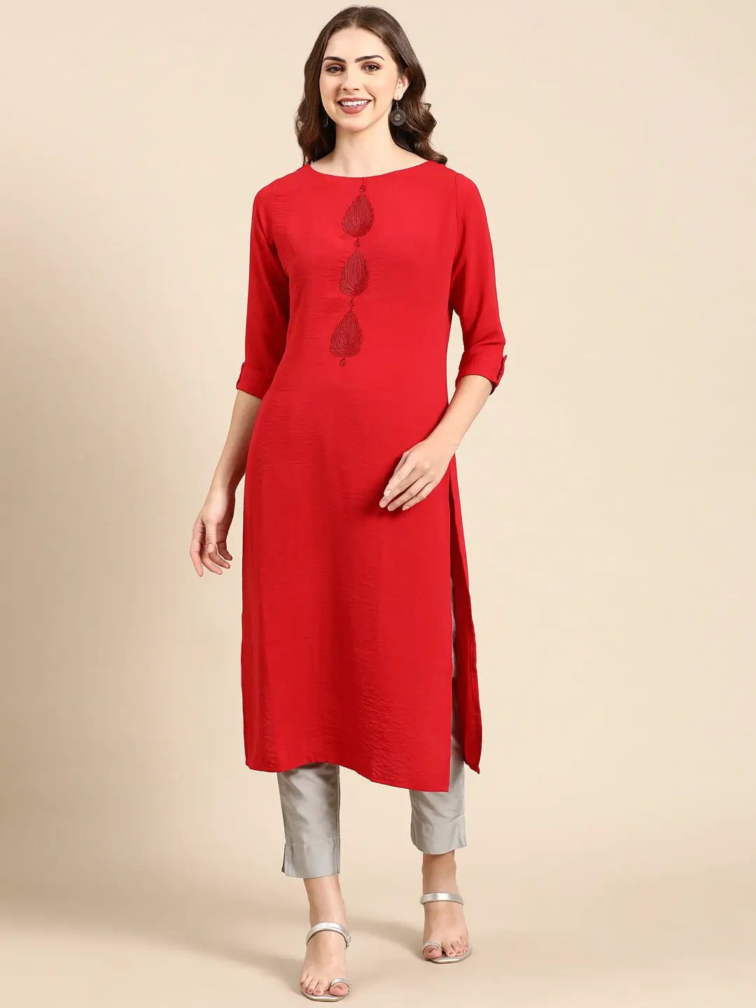 Women's Red Solid Straight Kurta