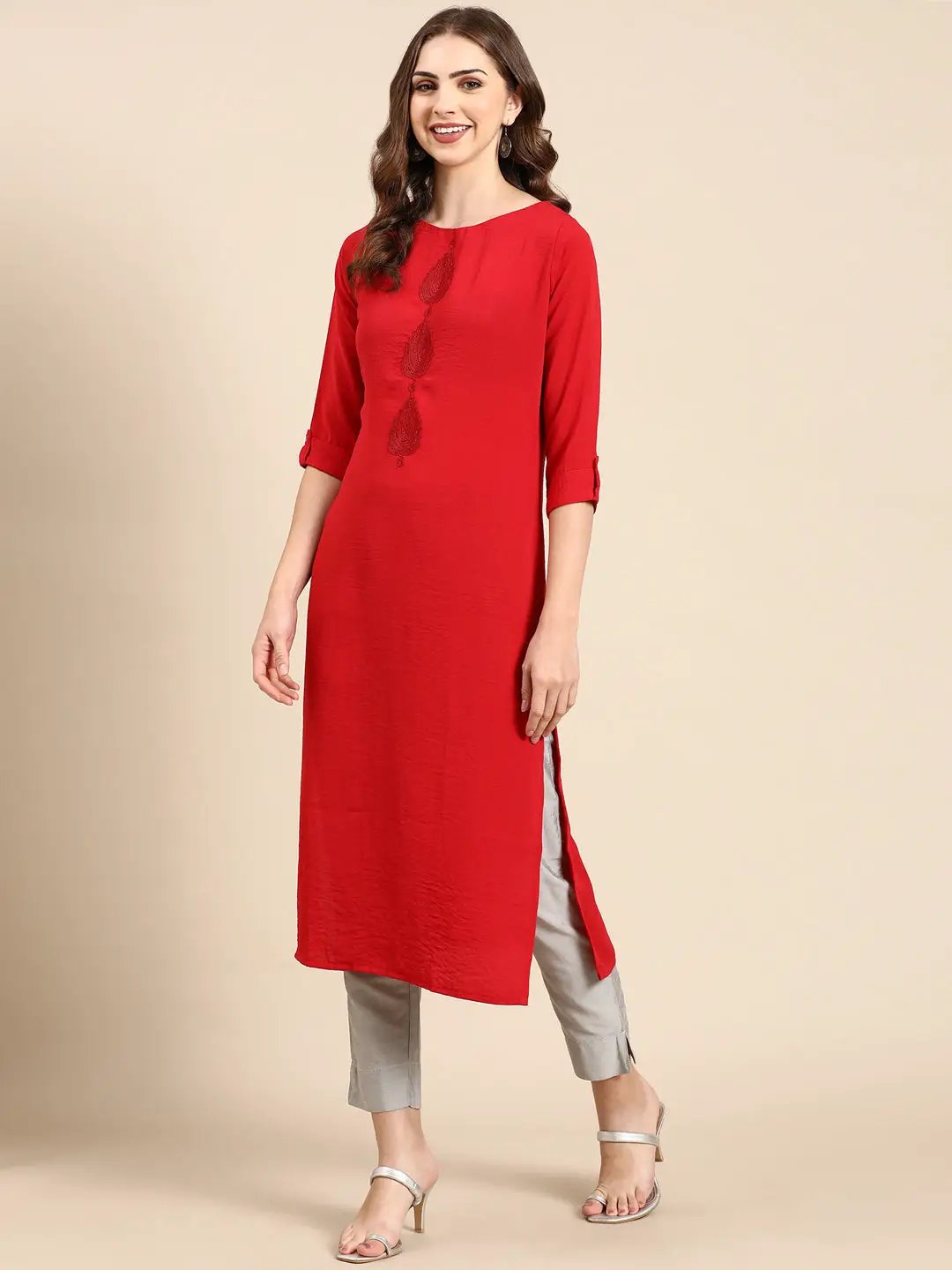 Women's Red Solid Straight Kurta