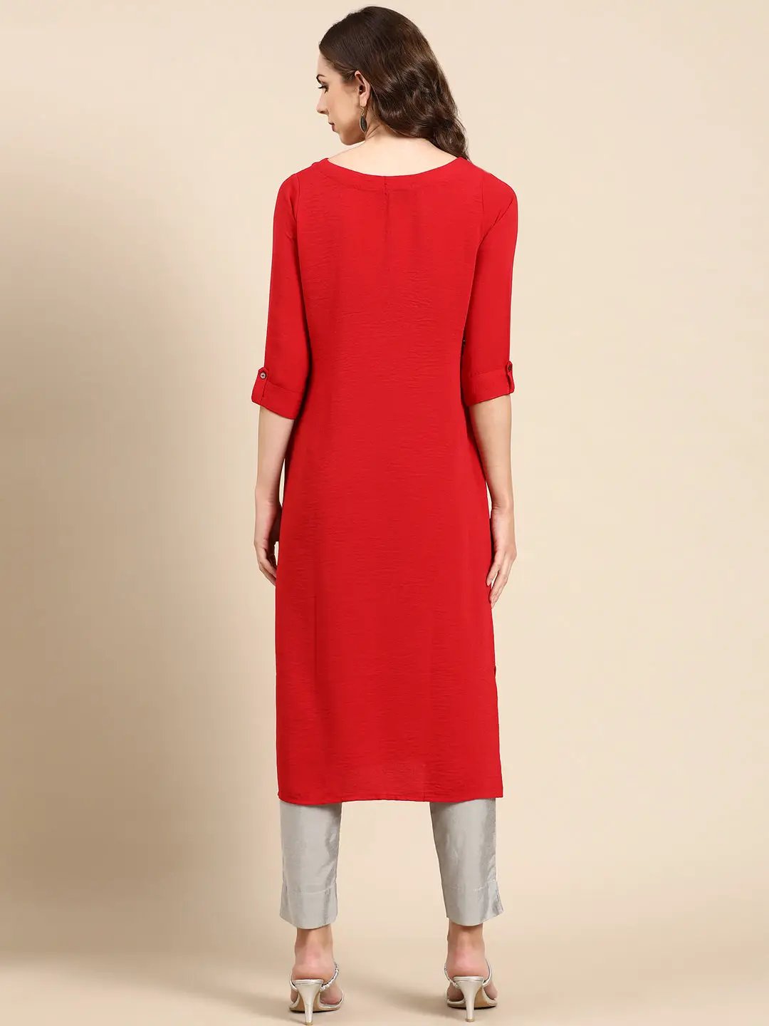 Women's Red Solid Straight Kurta