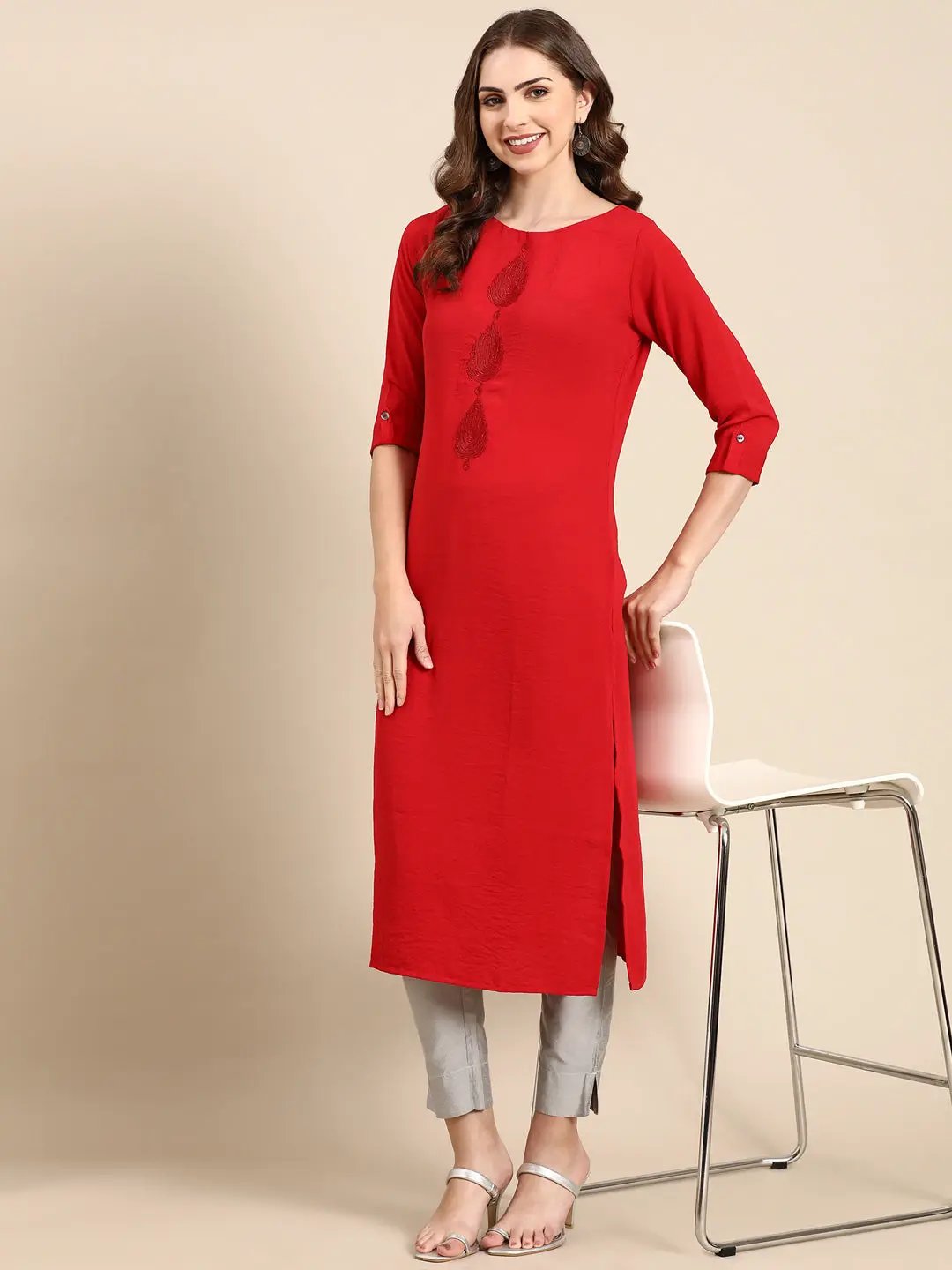Women's Red Solid Straight Kurta