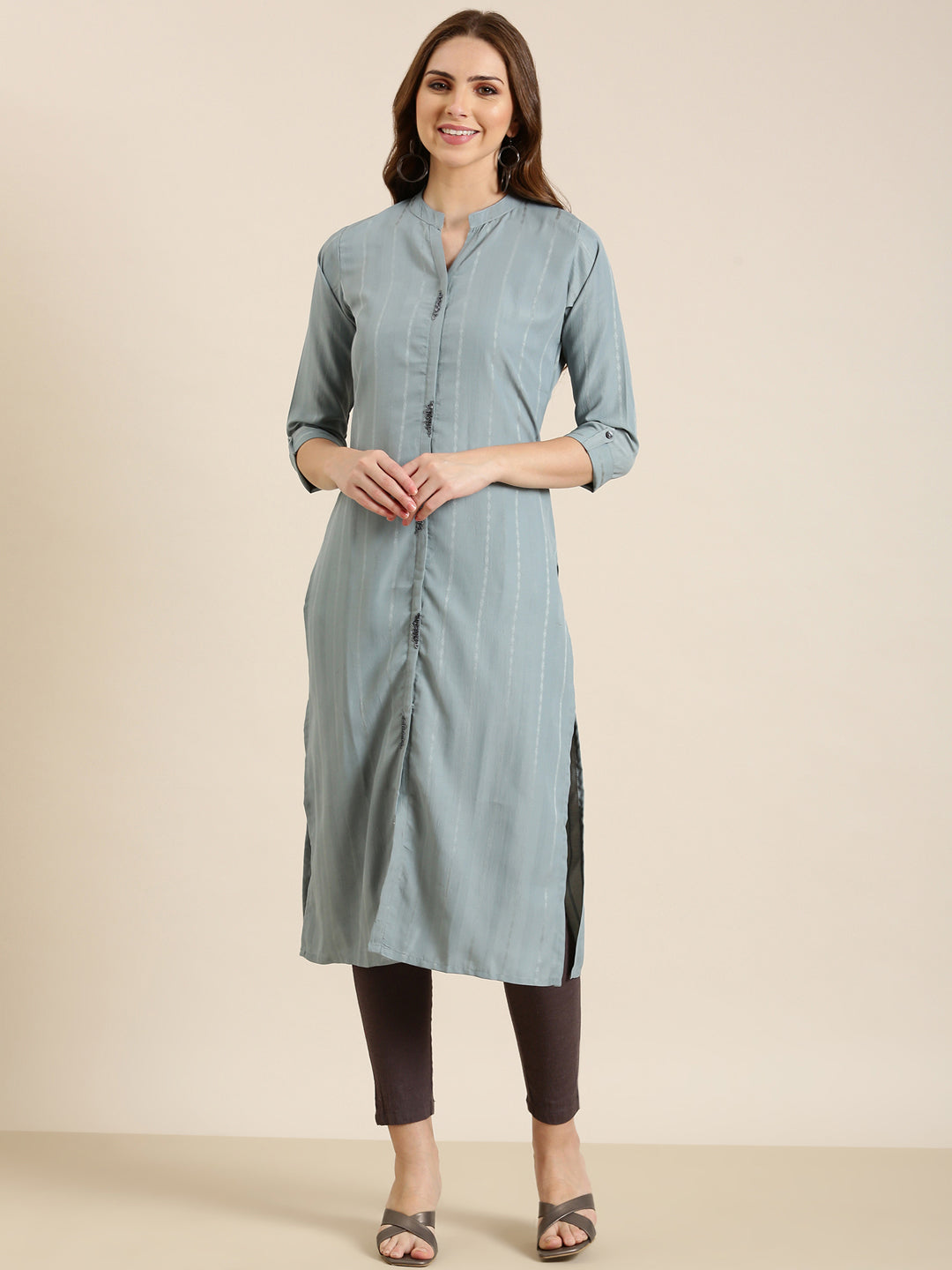 Women Grey Striped Straight Kurta