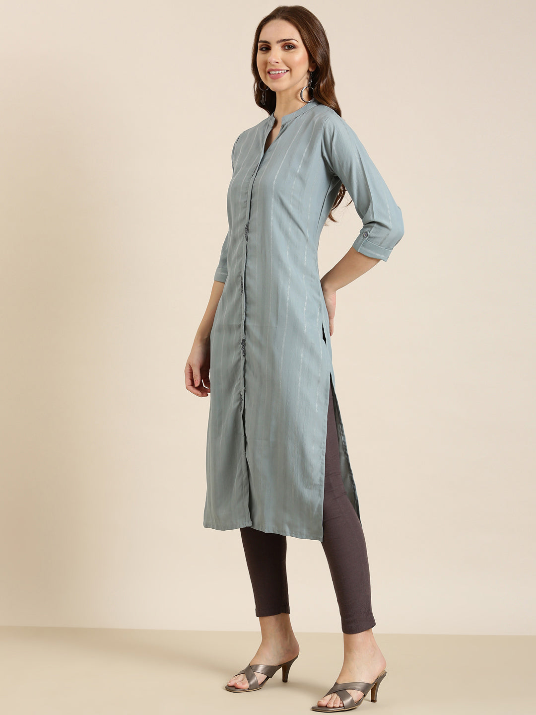 Women Grey Striped Straight Kurta