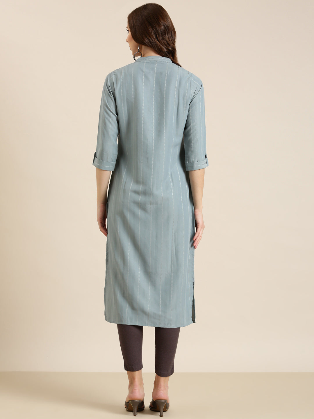 Women Grey Striped Straight Kurta