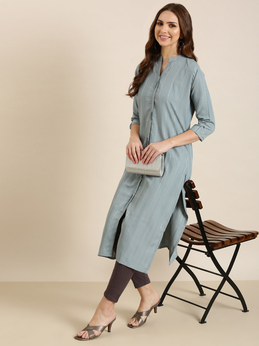 Women Grey Striped Straight Kurta