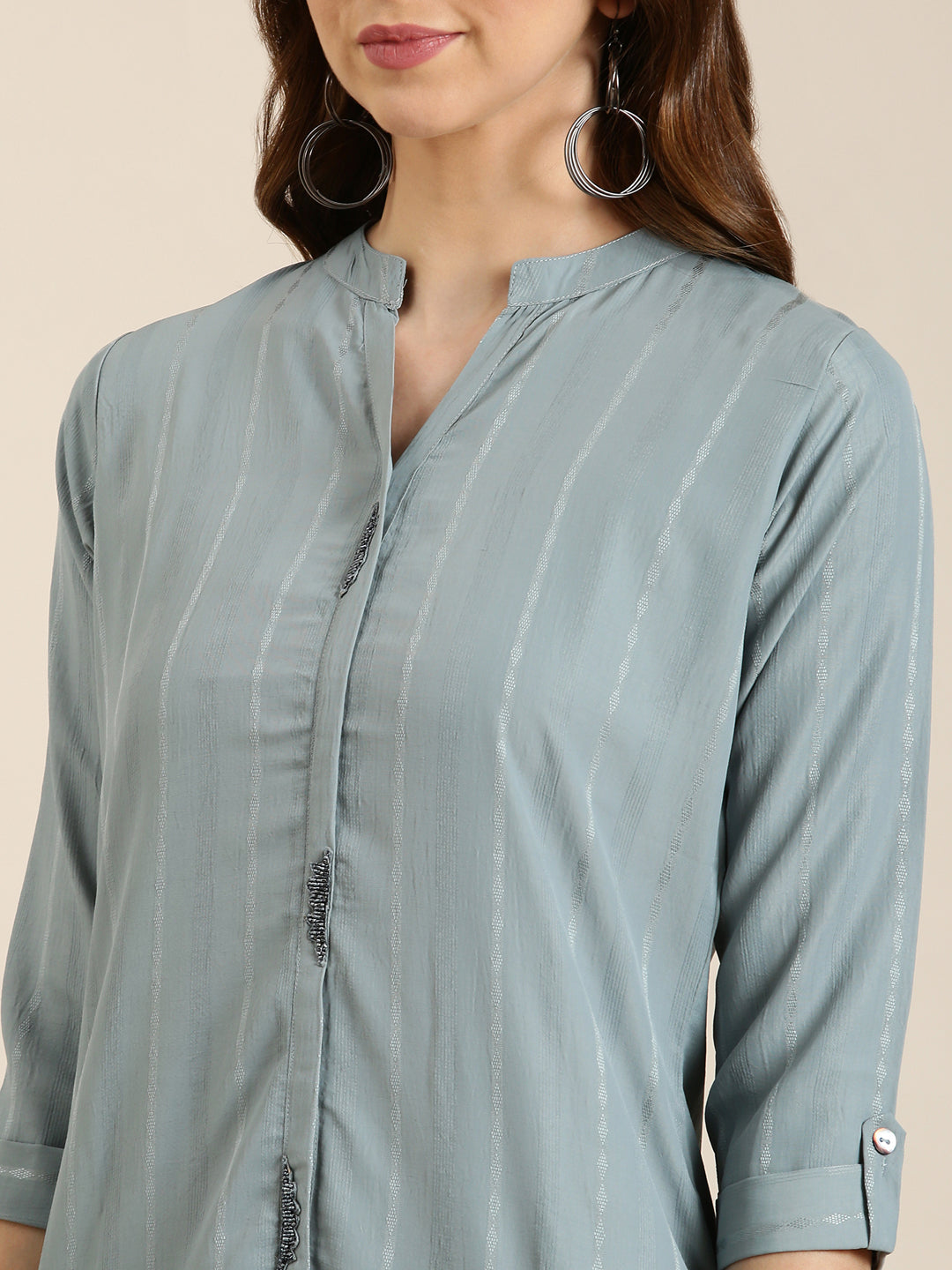 Women Grey Striped Straight Kurta