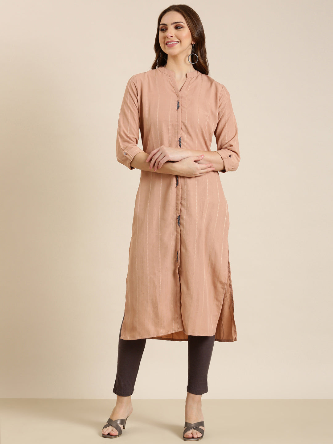 Women Peach Striped Straight Kurta