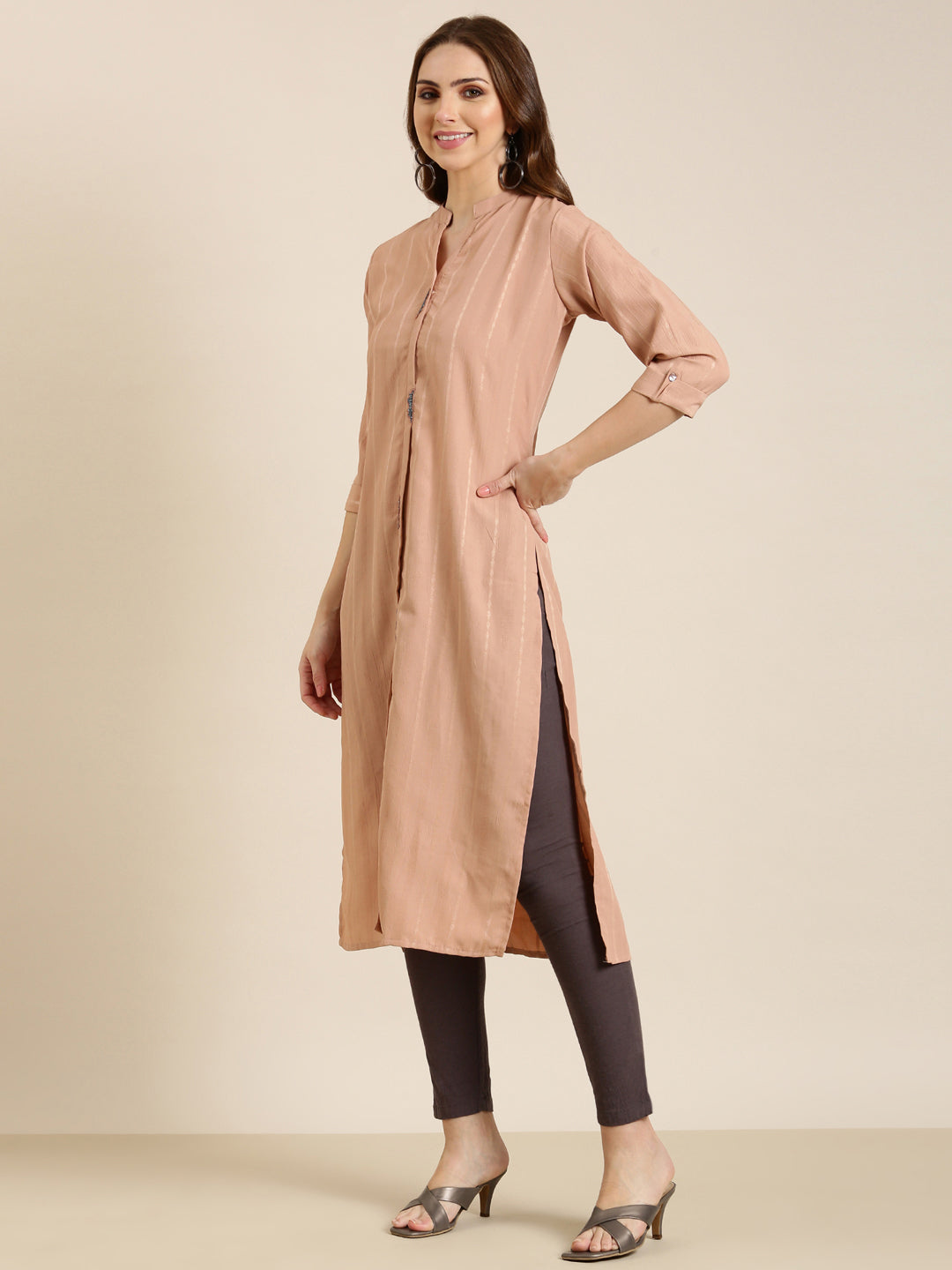 Women Peach Striped Straight Kurta