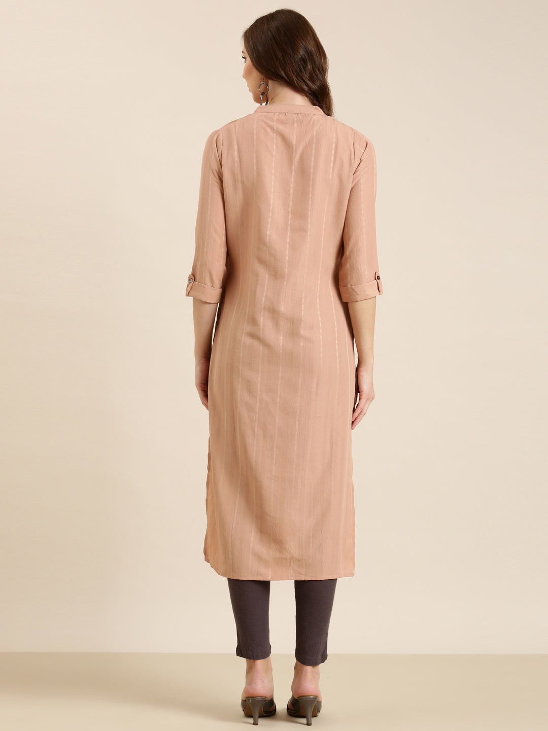 Women Peach Striped Straight Kurta