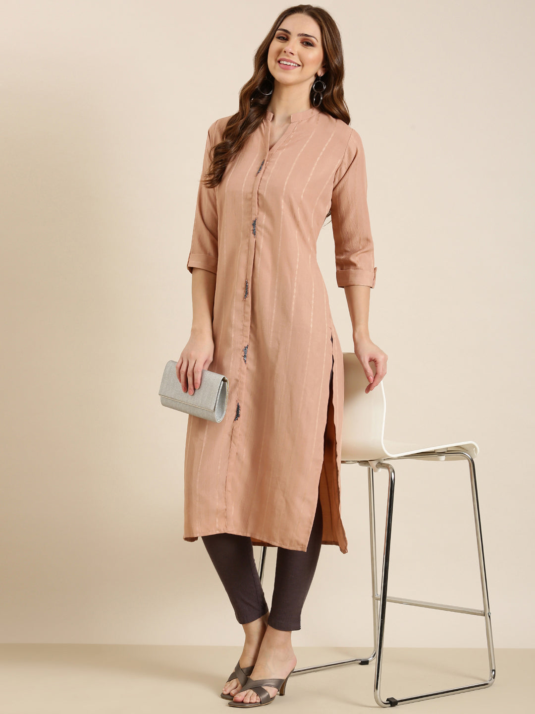 Women Peach Striped Straight Kurta