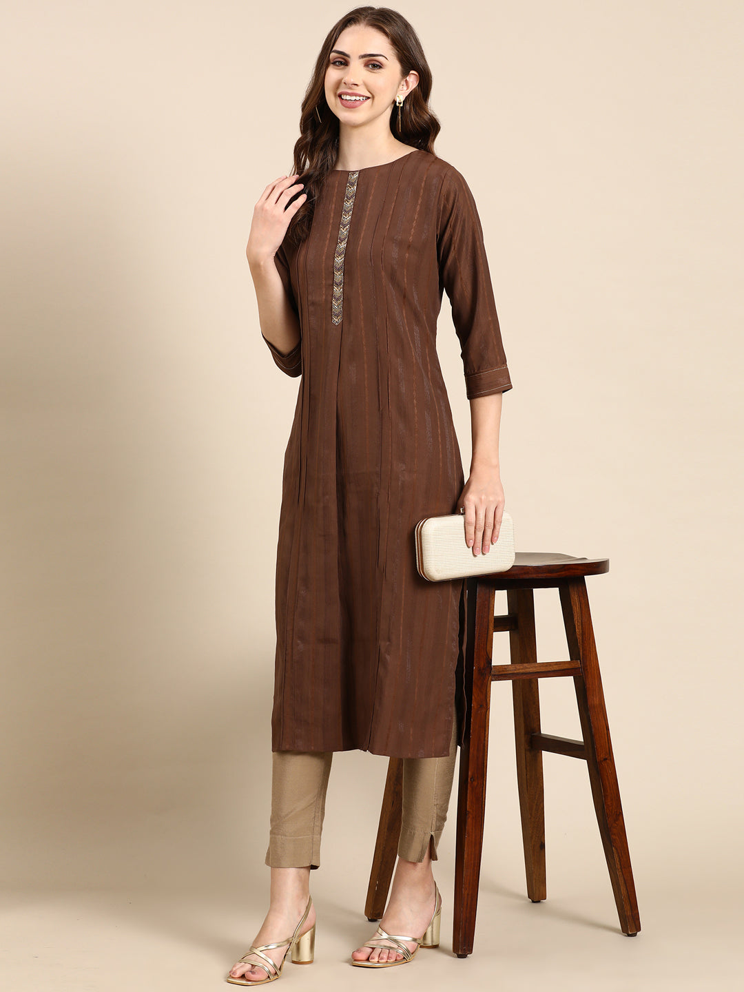 Women's Coffee Brown Solid Straight Kurta