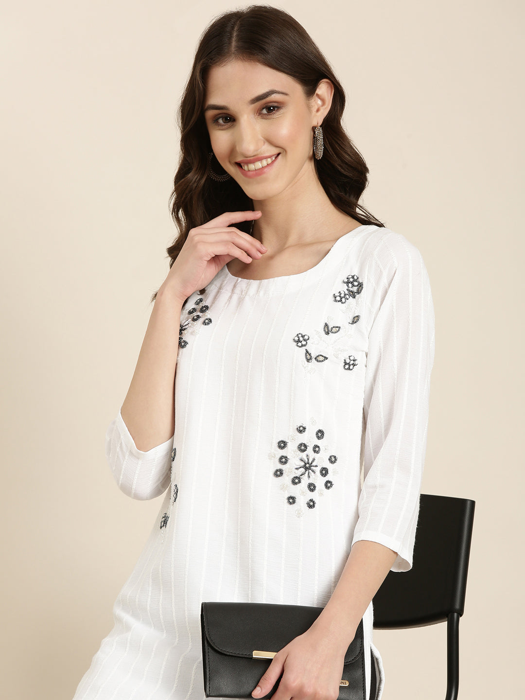 Women White Embellished Straight Kurta