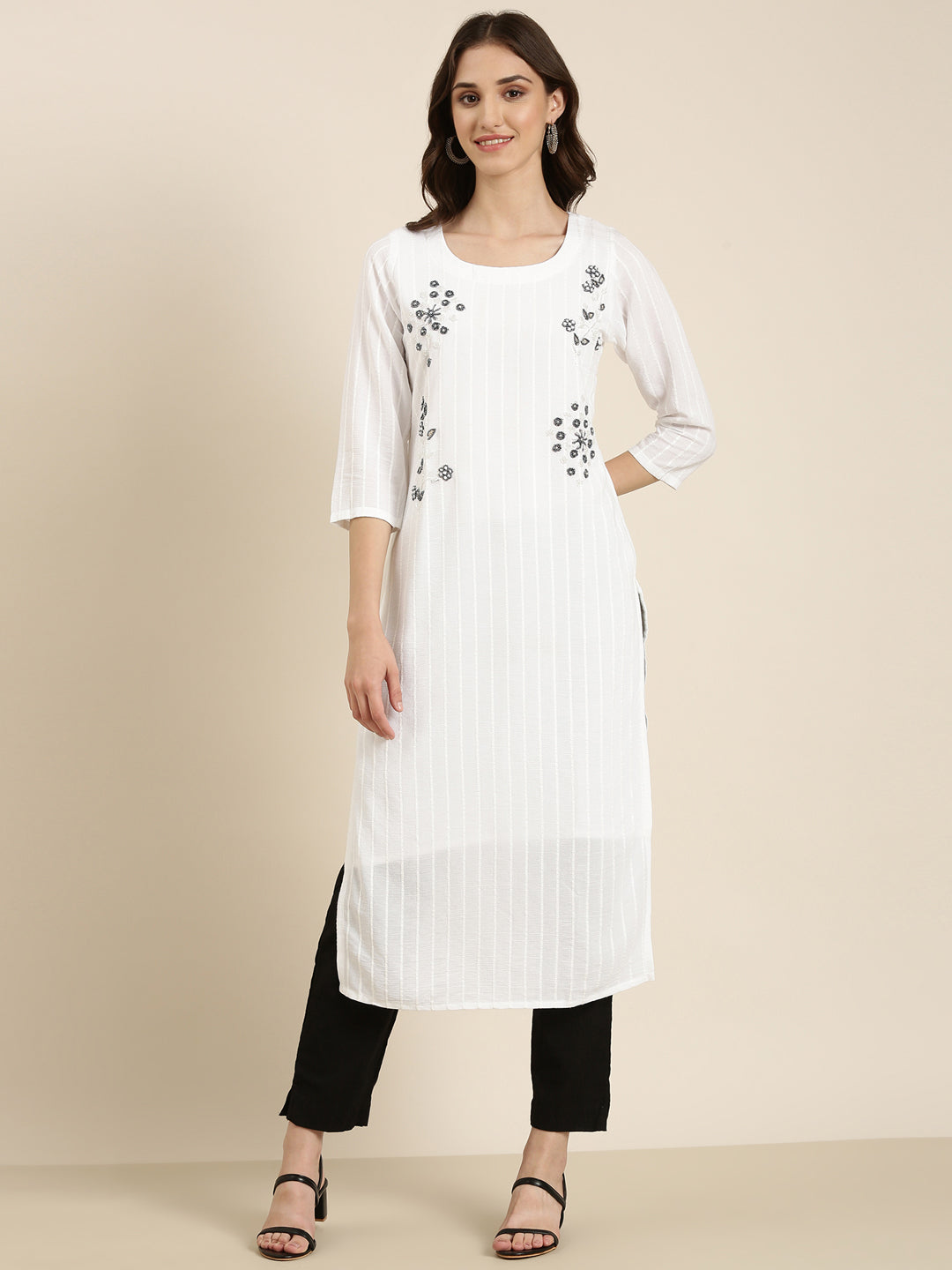 Women White Embellished Straight Kurta