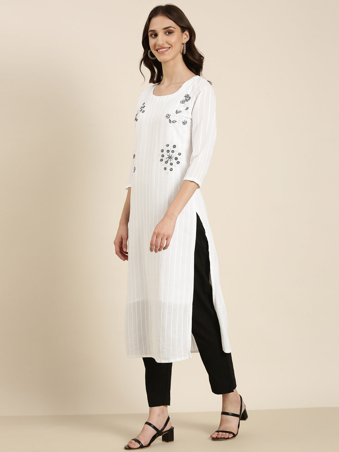 Women White Embellished Straight Kurta