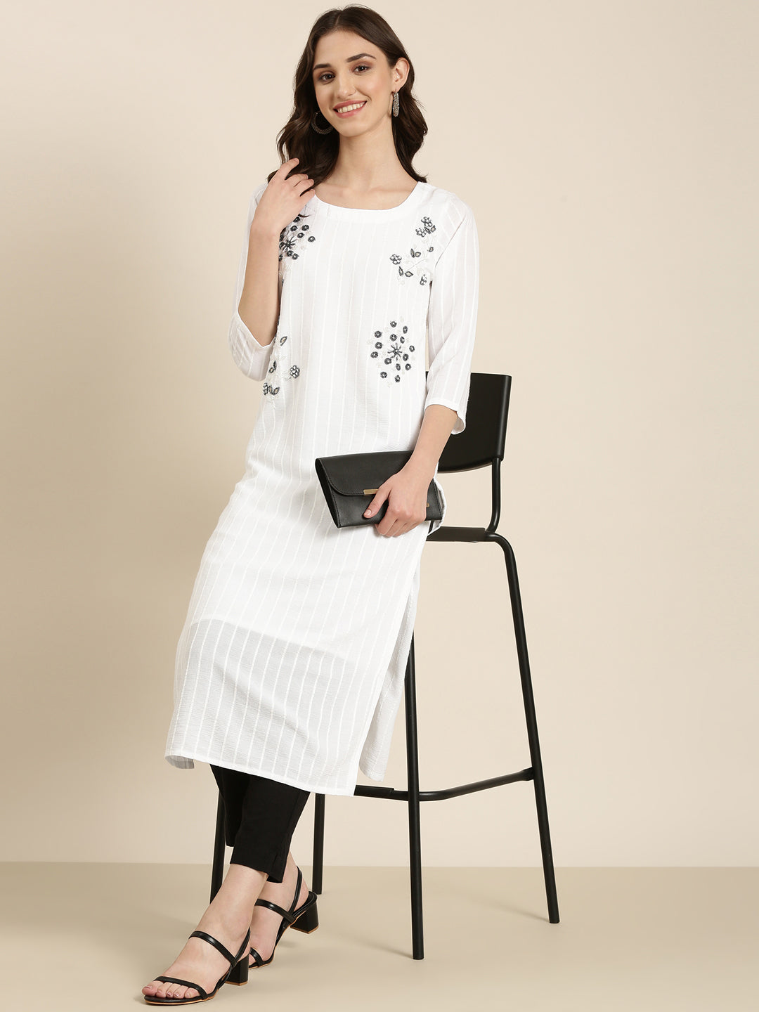 Women White Embellished Straight Kurta