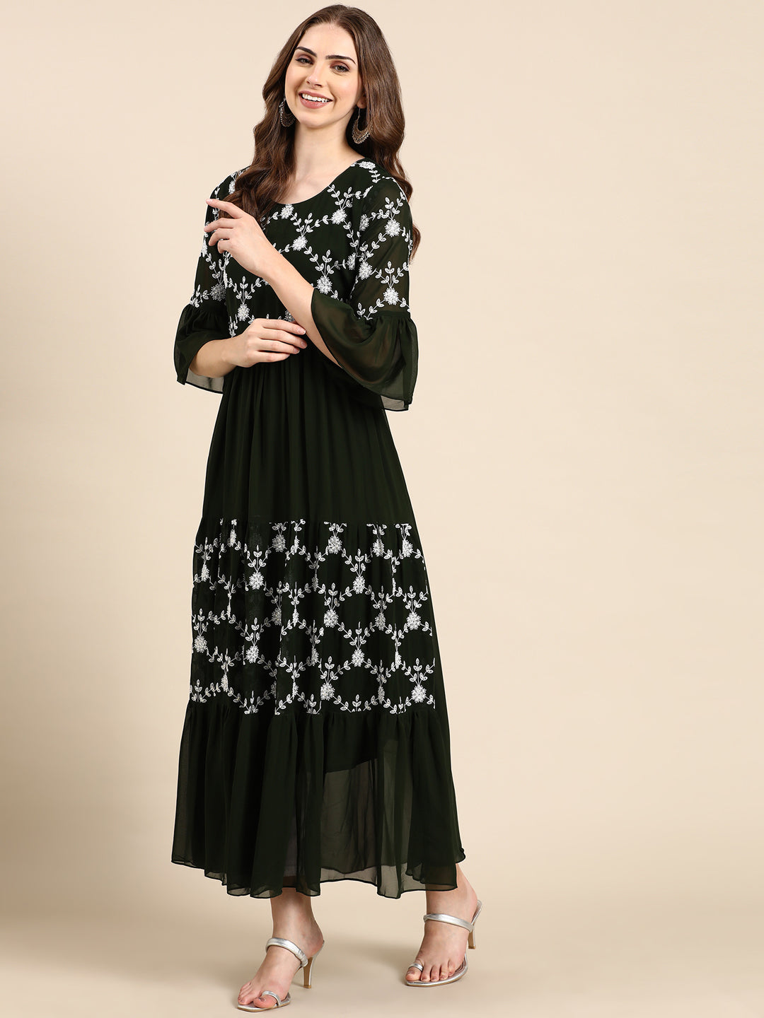 Women's Olive Embellished Anarkali Kurta