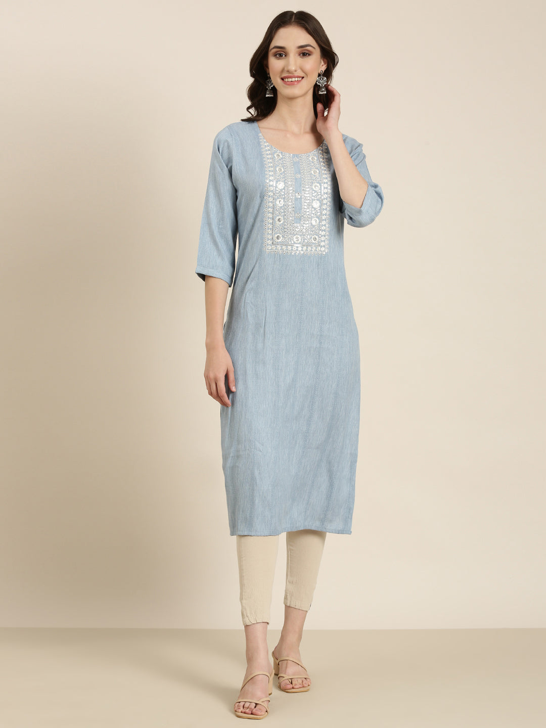 Women Blue Solid Straight Kurta