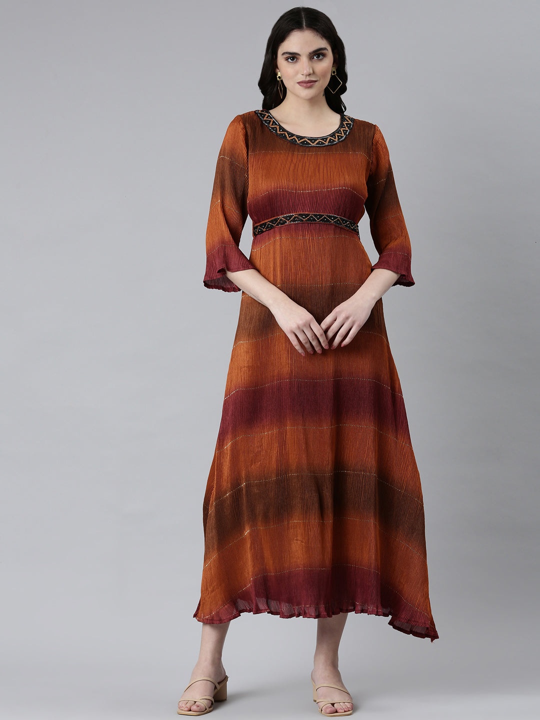 Women Camel Brown Colourblock Fit and Flare Dress