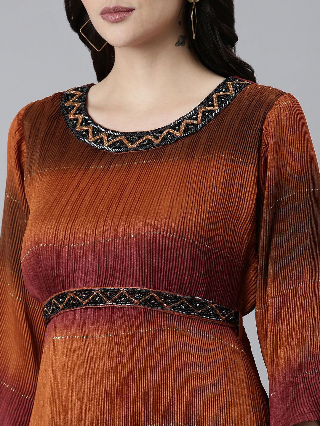 Women Camel Brown Colourblock Fit and Flare Dress