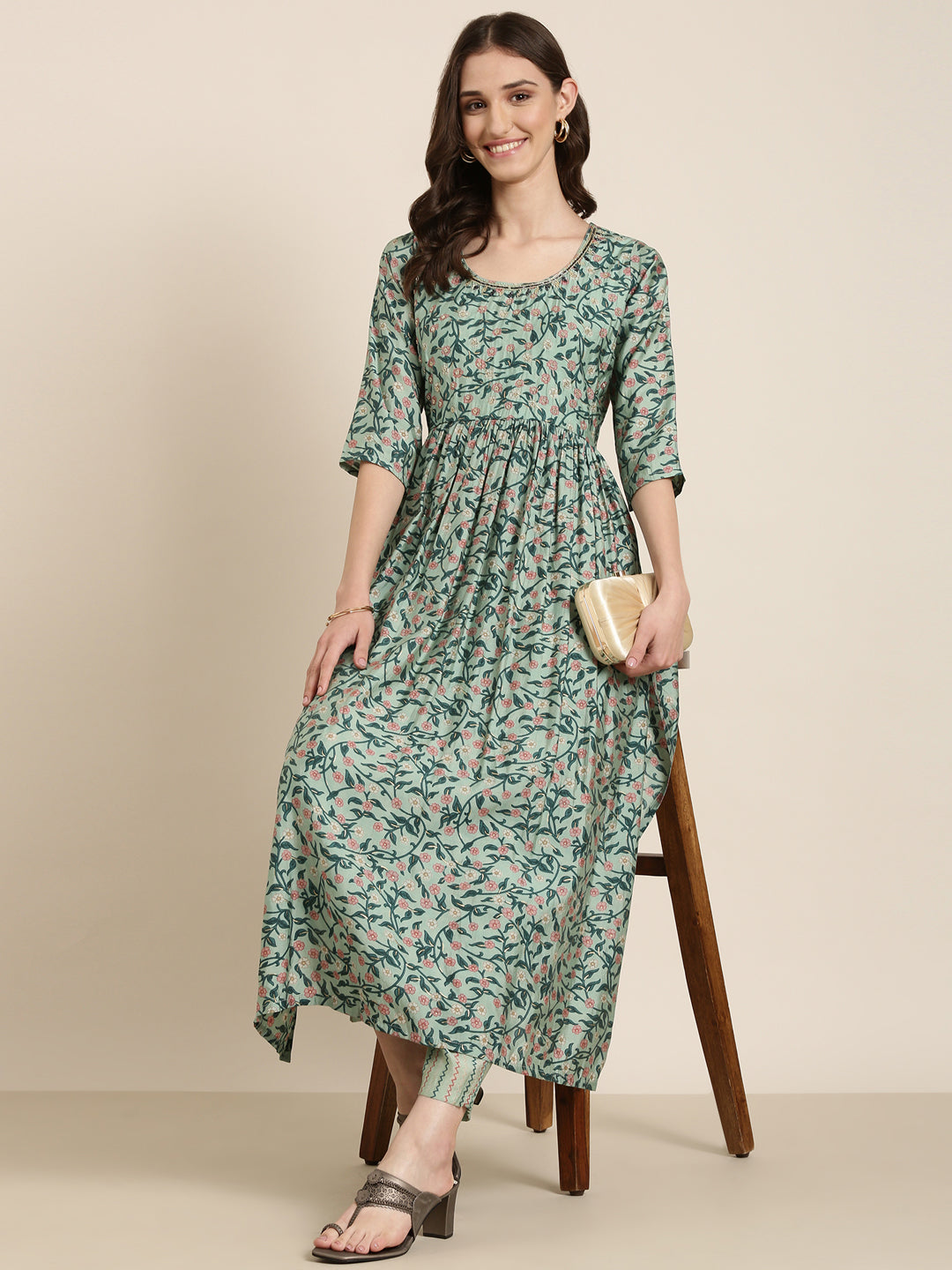 Women Sea Green Floral Kurta Set