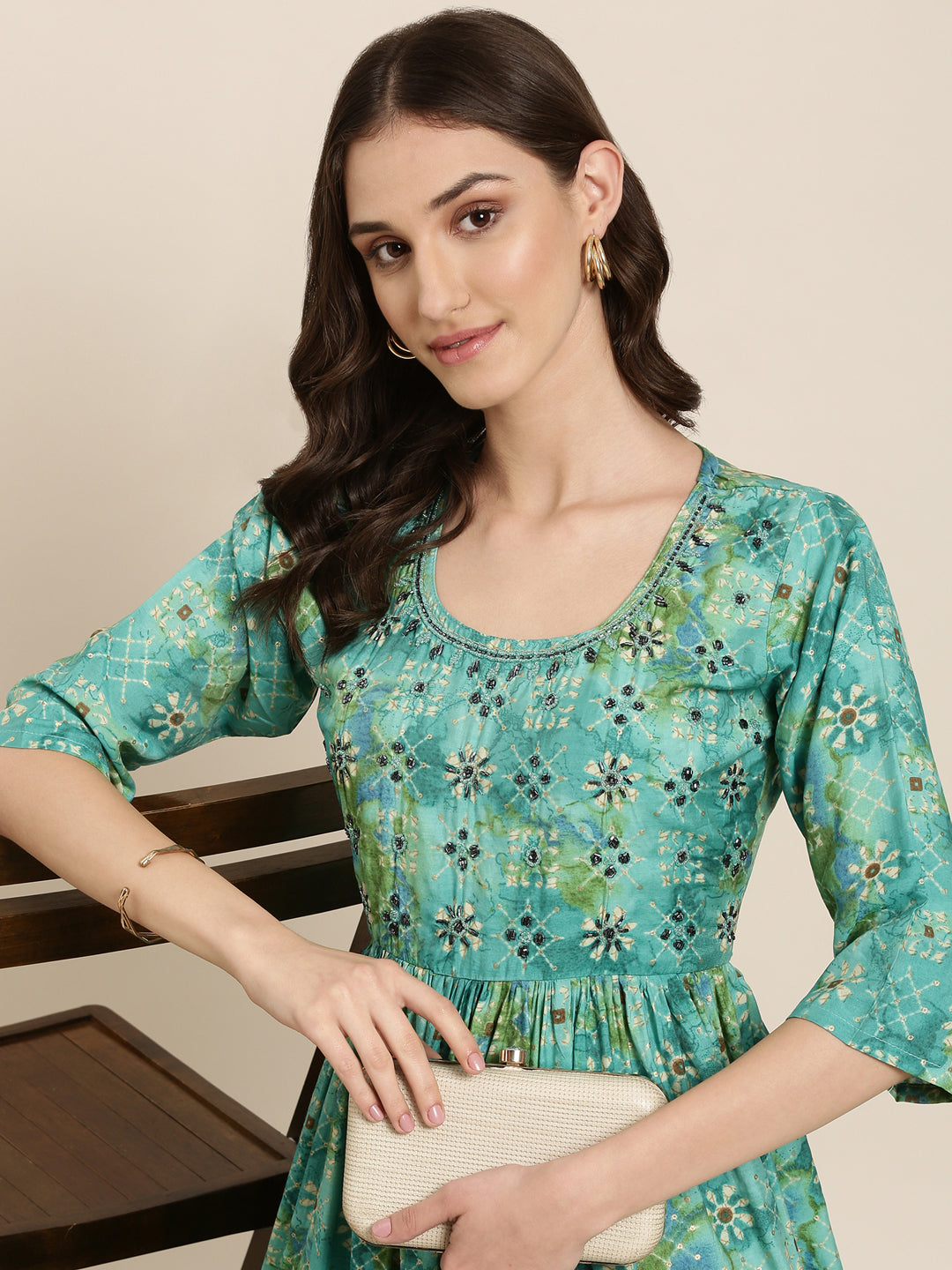 Women Teal Floral Kurta Set