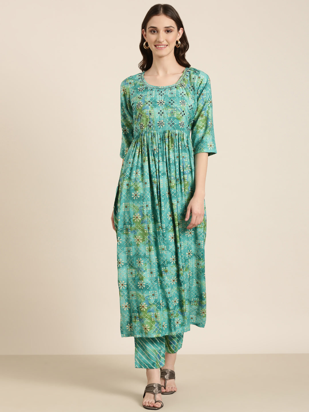 Women Teal Floral Kurta Set