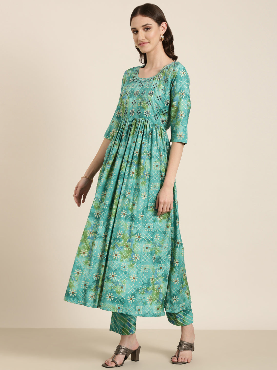 Women Teal Floral Kurta Set