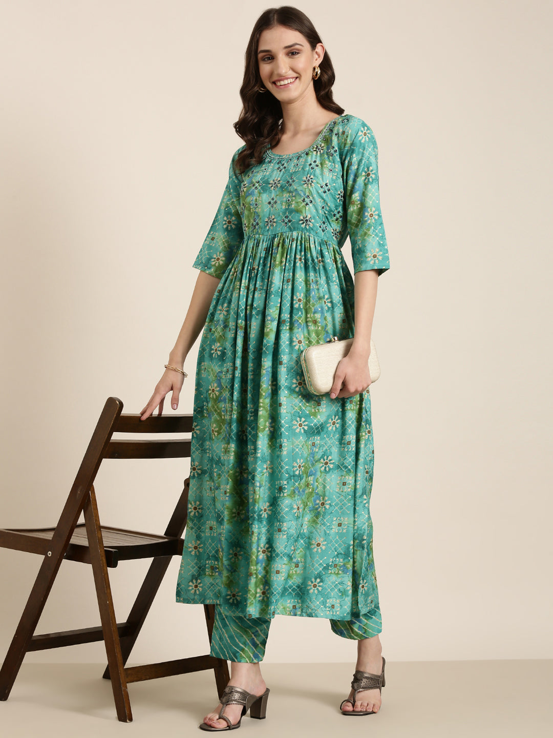 Women Teal Floral Kurta Set